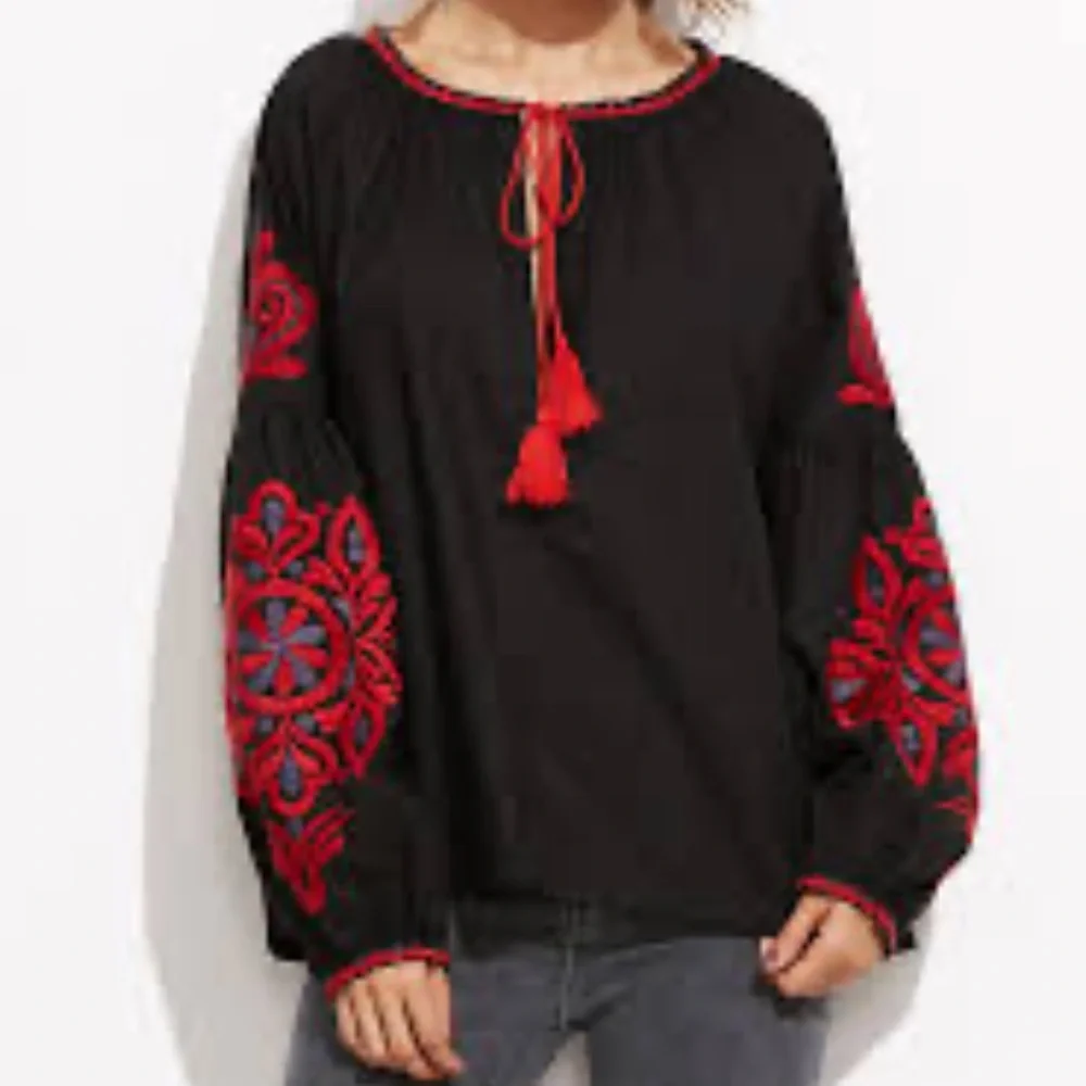 Zara Womens Embroidered Tassel Top Red Black Long Sleeve Floral Size Medium - Picture 1 of 13